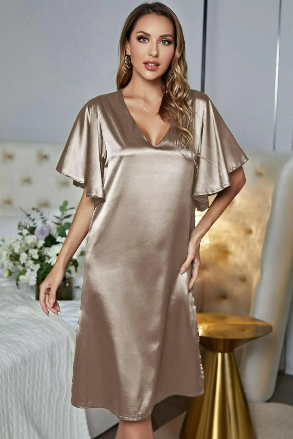 Satin v-neck nightgown with flutter sleeves - Love Salve